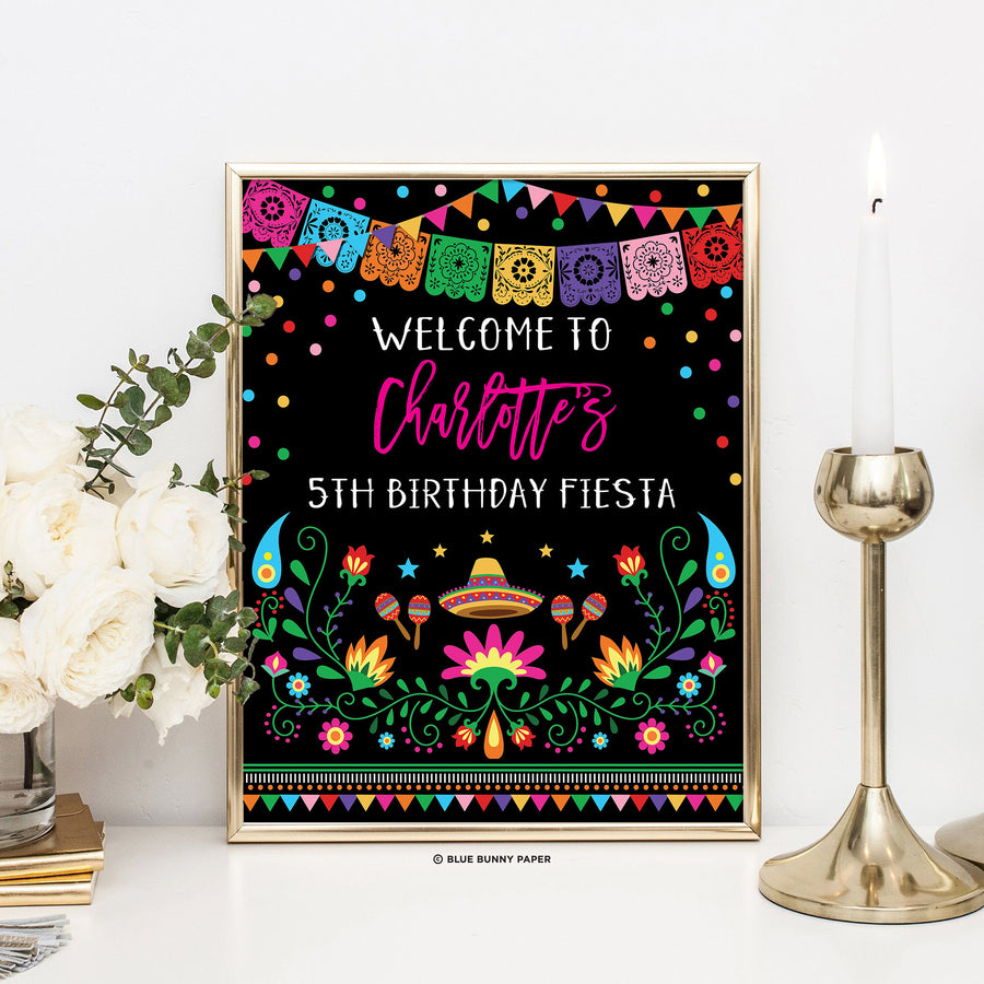 Fiesta Birthday Party Welcome Sign with a golden frame