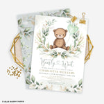 Gender-neutral baby shower invitation featuring a watercolor teddy bear surrounded by eucalyptus leaves and heart-shaped balloons, with elegant script announcing 'We Can Bearly Wait'.