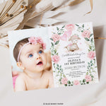 Cute Pink Lamb Photo First Birthday Invitation