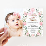 Cute Pink Lamb Photo First Birthday Invitation