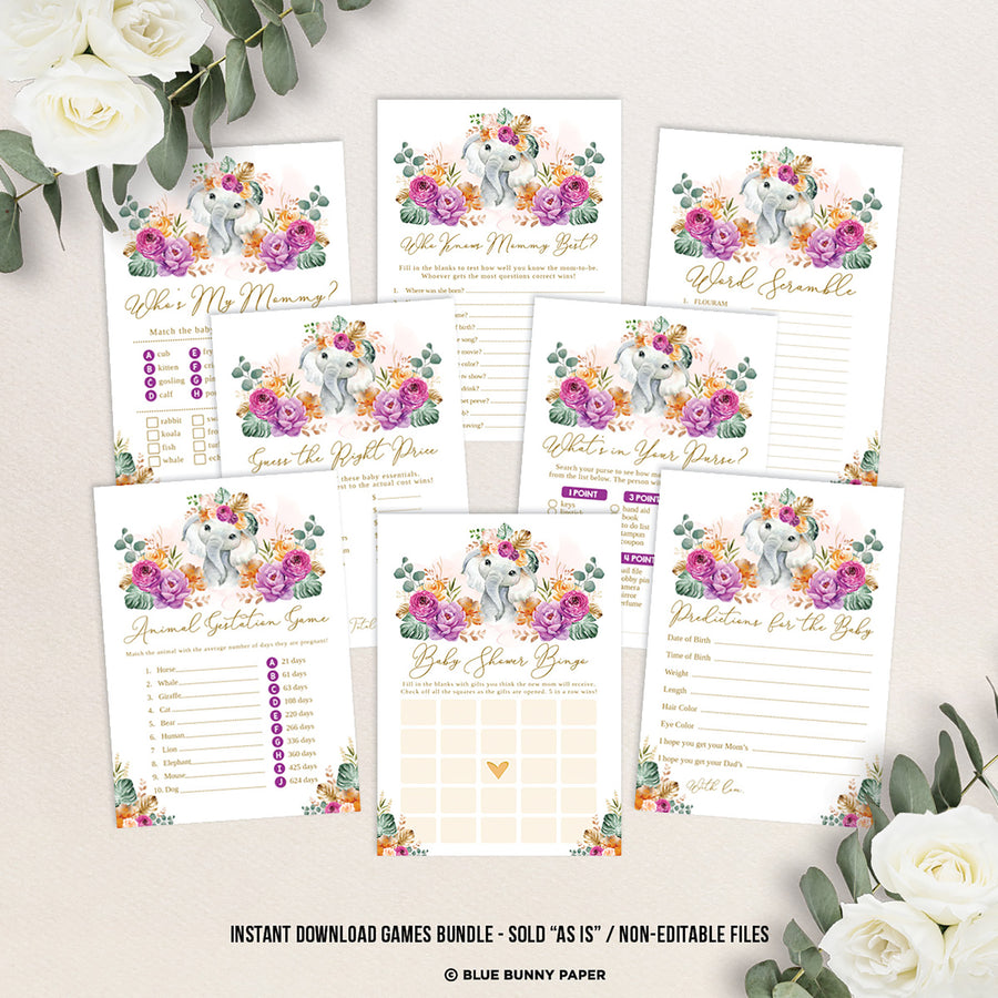 Flower Elephant Baby Shower Games Package