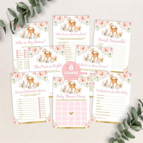 Girl Woodland Baby Shower Games Package