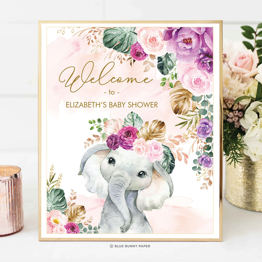 Purple Flowers Elephant Party Welcome Sign