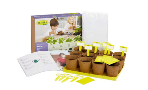 The Sembra Kids Grow Your Own Aromatic Herbs Kit with biodegradable plant pots and step-by-step guide