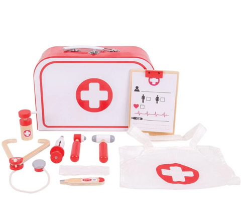 Red and White Wooden Doctors Kit with case and tools