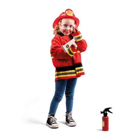 Little girl dressed as a firefighter with the Bigjigs Toys Firefighter Dress Up Kit