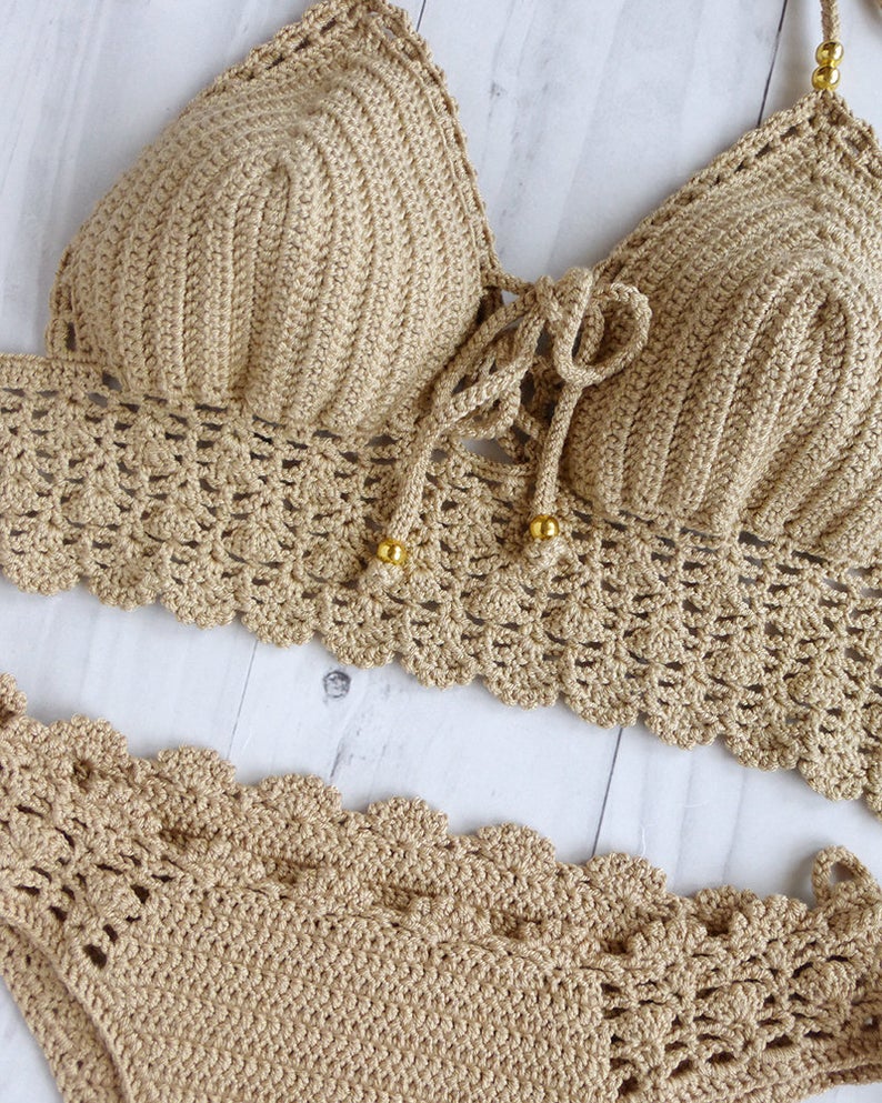 Pomelo Lace Boho Crochet Bikini Top And Bottom With Beads | LaKnitteria