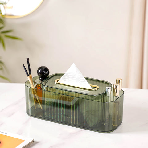 Tissue box and organizer for makeup brushes, tubes, and small skincare products