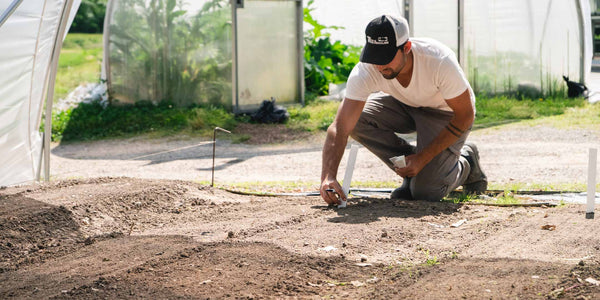 Judah (field manager) crouches planting a variety label in a recently planted bed