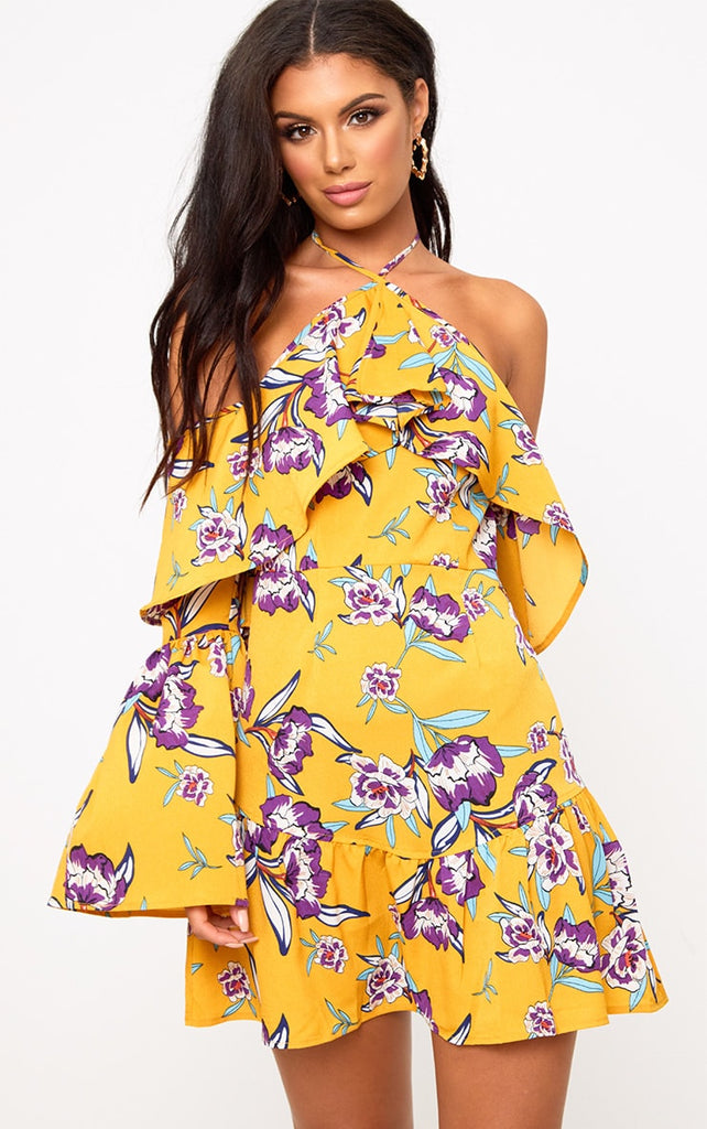 Floral midi with dress frill hem bodycon yellow shoes turtleneck