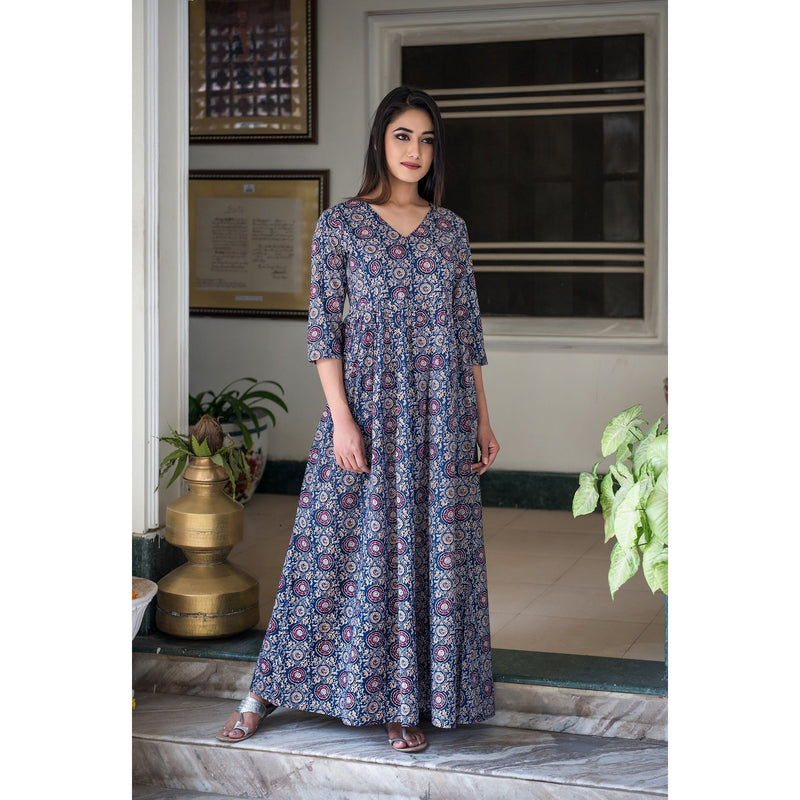 Blue Ajrakh Print Maxi Dress – JaipurPaisley