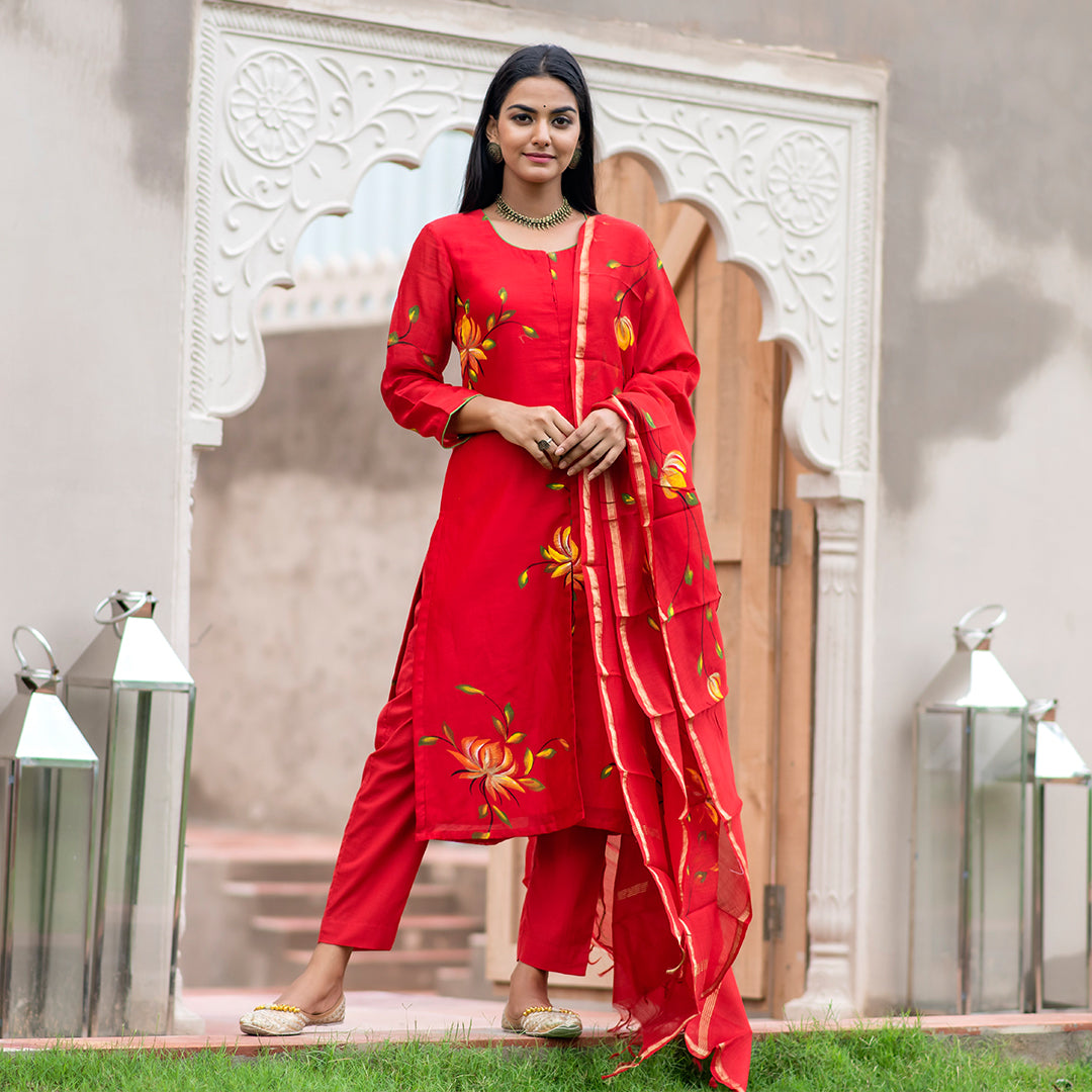 Lotus Hand Art Deep Red Chanderi Suit