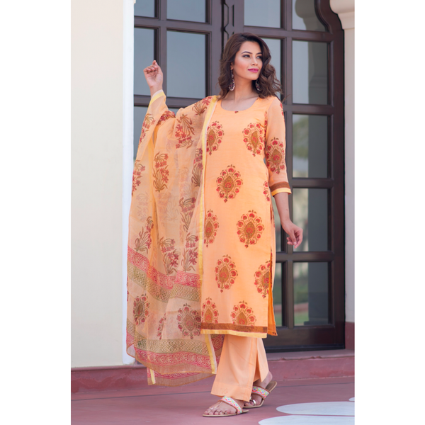 Perfect Peach Hand Block Printed Kota Doriya Suit Set – JaipurPaisley