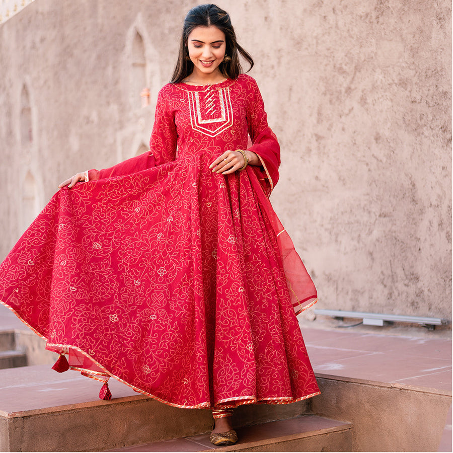 CHERRY RED BANDHANI GOTA WORK CHUDIDAR ANARKALI SET