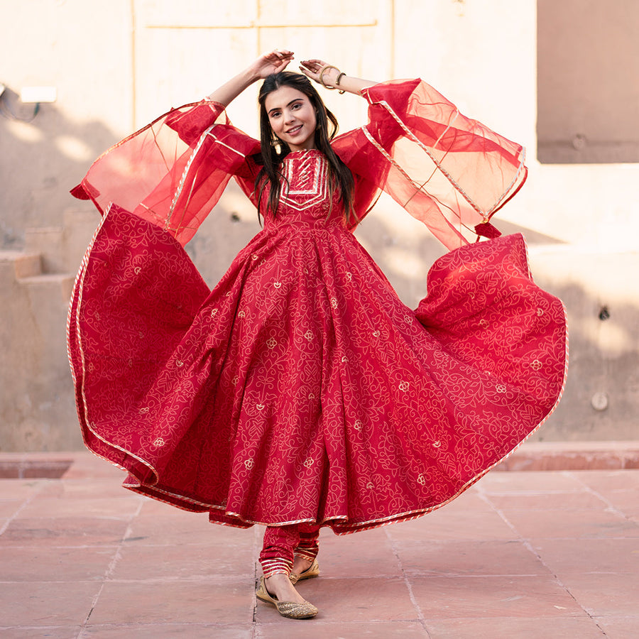 CHERRY RED BANDHANI GOTA WORK CHUDIDAR ANARKALI SET