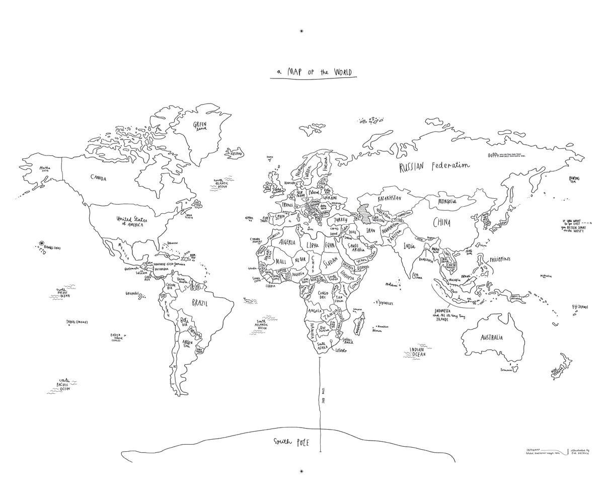 Sketch World Map Black and White Poster | Awesome Maps