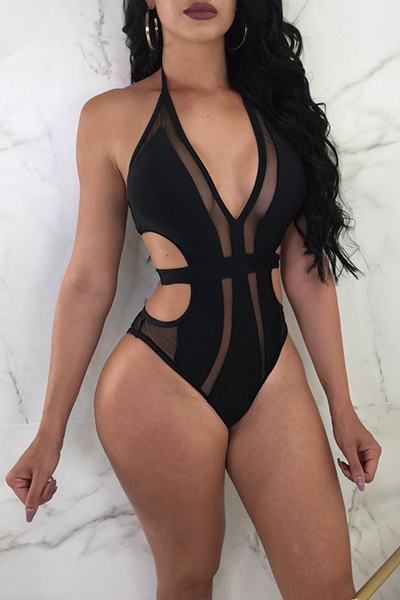 

Sheer Panel One Piece Plunging V Neck Swimsuit Backless Bathing Suit