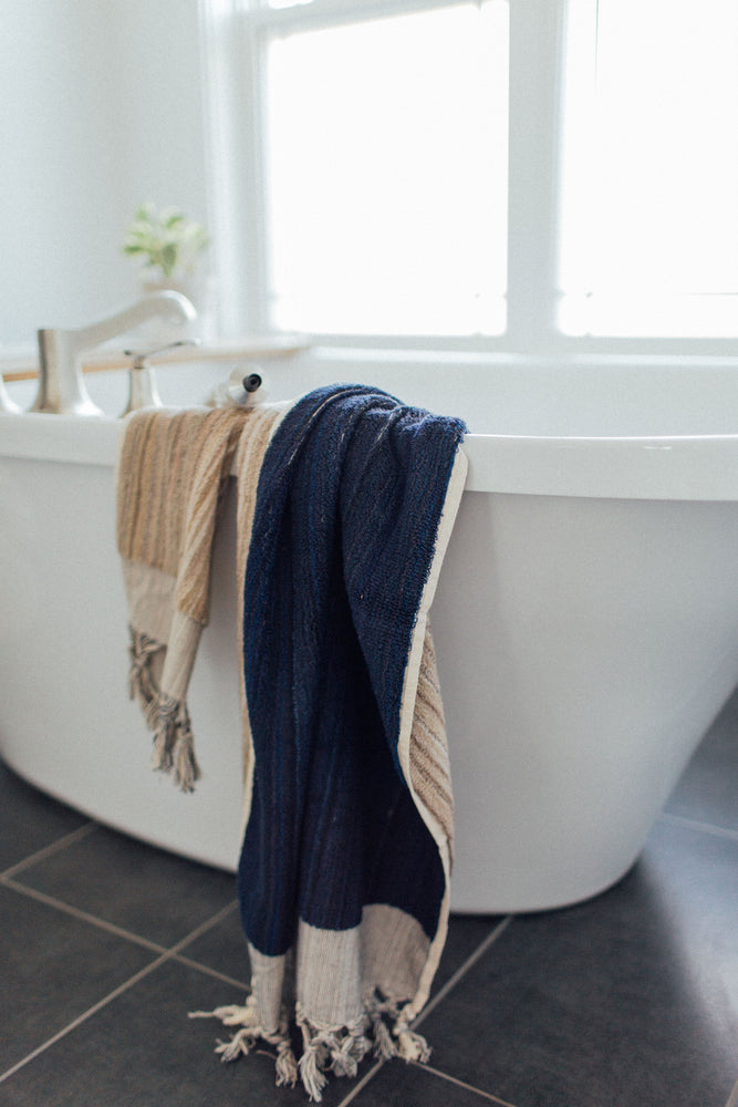 navy and gray bath towels