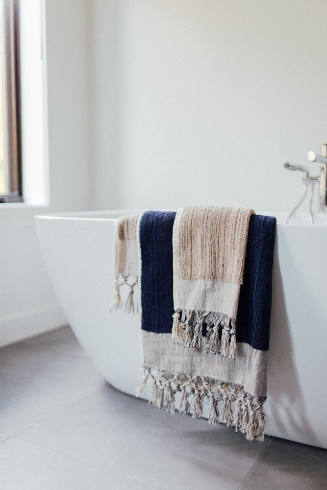 navy and gray bath towels