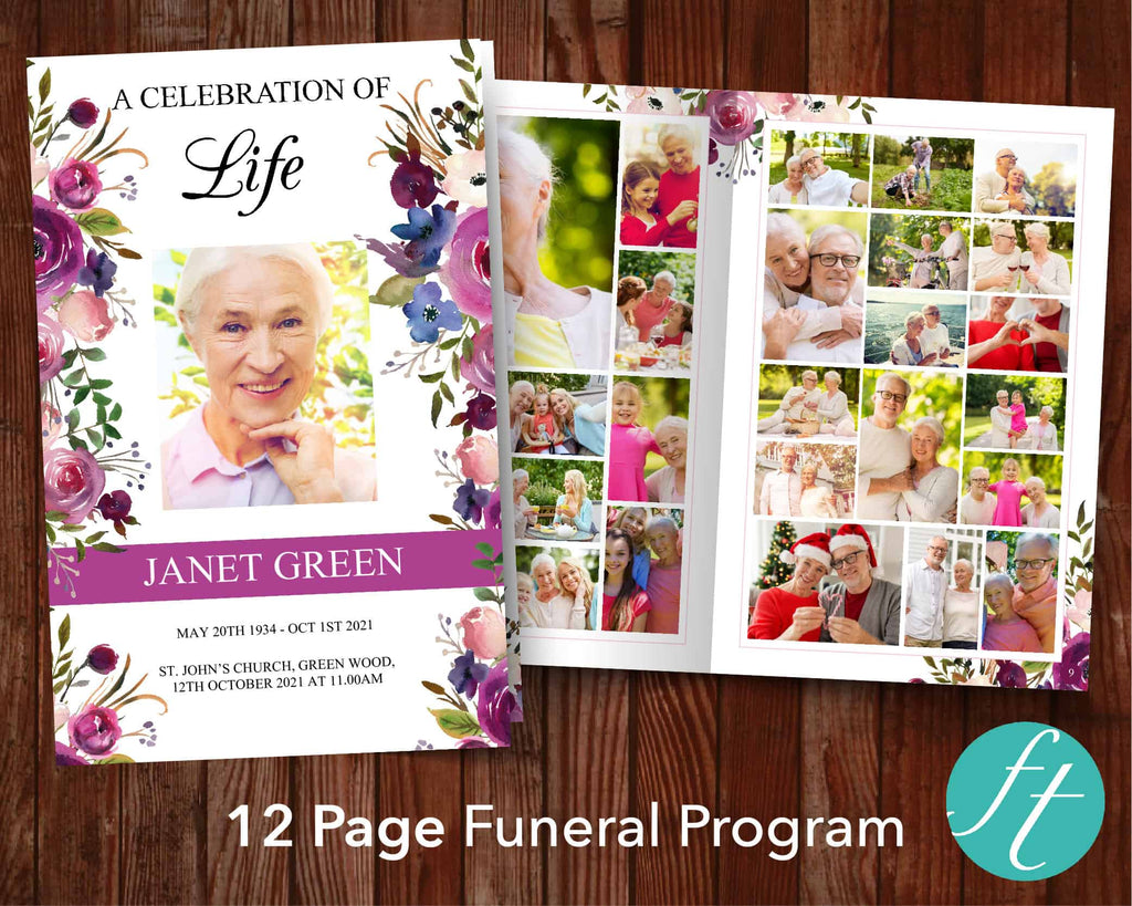 12 Page Floral Display Funeral Program Template