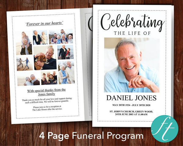 Front and back cover of 4 Page Classic Funeral Program Template