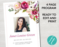 4 Page Pink Bloom Funeral Program Template