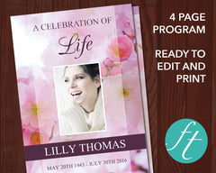 4 Page Pink Blossom Funeral Program Template