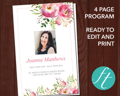 4 Page Pink Floral Funeral Program Template
