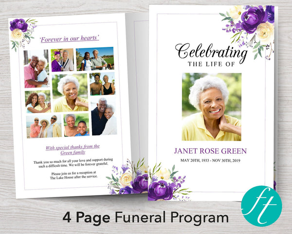 4 Page Purple Bloom Funeral Programme Template