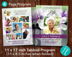 4 Page Purple Blossom Funeral Program Template (11 x 17 inches)