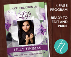 4 Page Purple Blossom Funeral Program Template