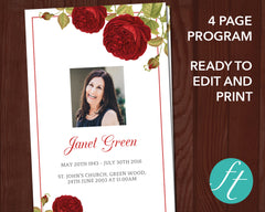 4 Page Red Rose Funeral Program Template