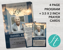 4 Page Sky Funeral Program Template + Prayer Card