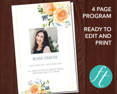 4 Page Yellow Rose Funeral Program Template