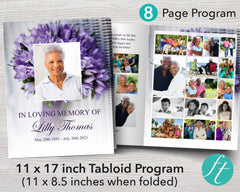 8 Page Purple Bouquet Funeral Program Template (11 x 17 inches)