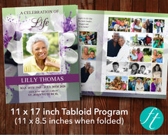 8 Page Purple Blossom Funeral Program Template (11 x 17 inches)