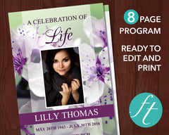8 Page Purple Blossom Funeral Program Template