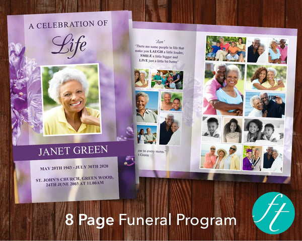 8 Page Purple Flowers Funeral Program Template