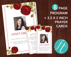 8 Page Red Rose Funeral Program Template + Prayer Card