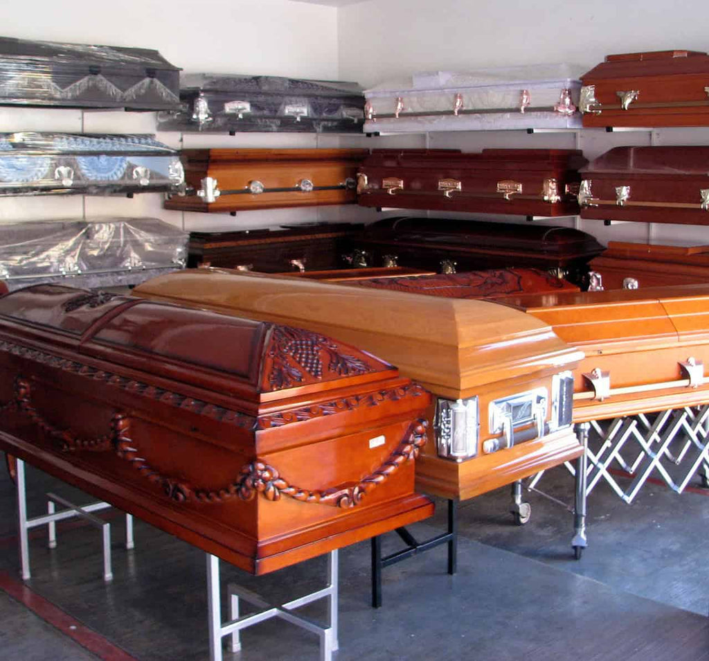 A selection of modern rectangular funeral caskets