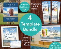 Beach Funeral Welcome Sign + Slide Show, Bookmark, Share a Memory Sign & Cards