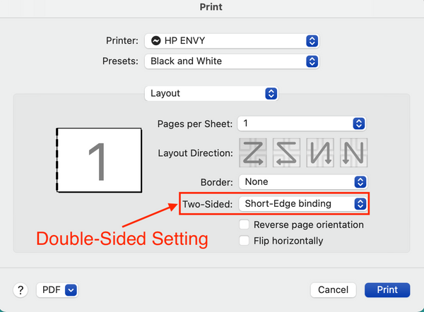 Use short edge binding for double sided printing