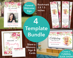 Floral Burst Funeral Welcome Sign + Slide Show, Bookmark, Share a Memory Sign & Cards