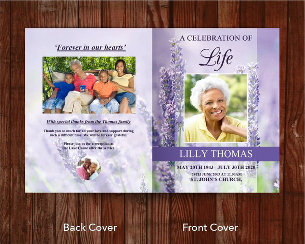 Message of thanks in 11x17 inch 8 Page Lavender Funeral Program Template