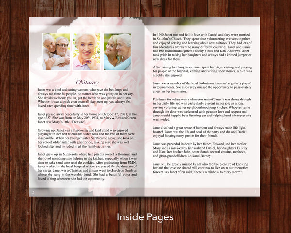 Obituary in 12 Page Pink Carnations Funeral Program Template