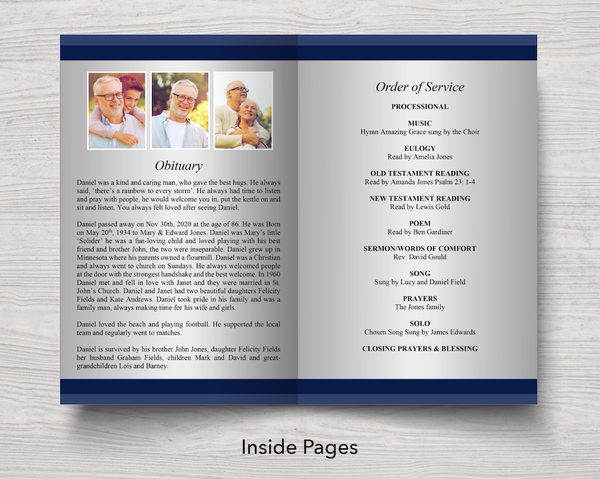 Order of Service for 8 Page Classic Blue Funeral Program Template