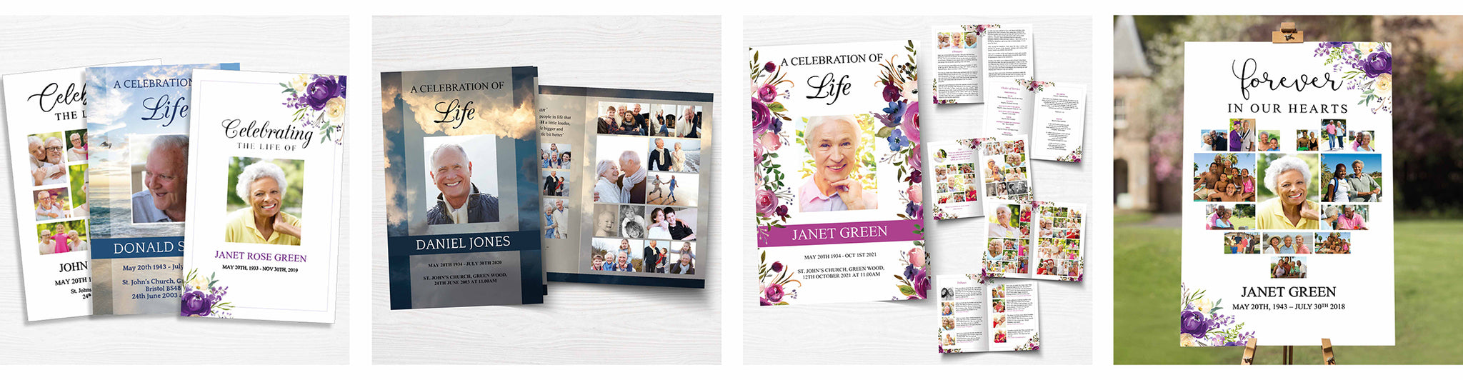 Selection of 4 page, 8 page and 12 page funeral programs plus funeral welcome signs