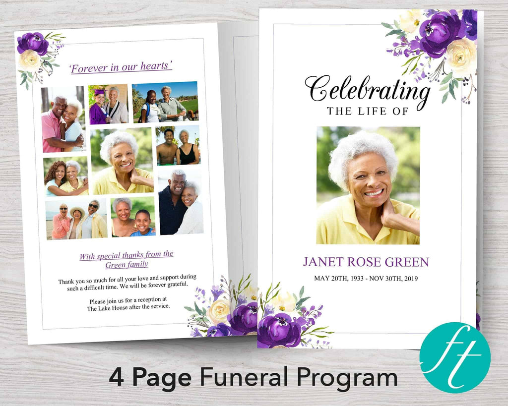 Professionally designed funeral program template with purple flowers