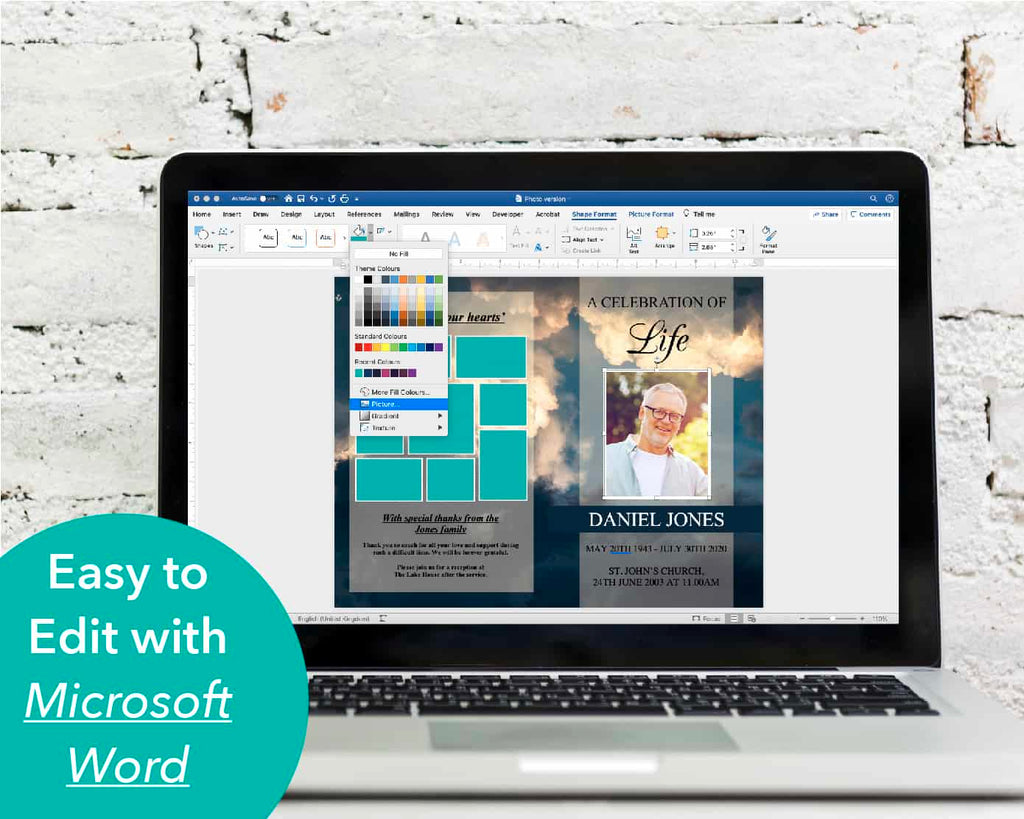 Sky Funeral Program Template being customized on a computer