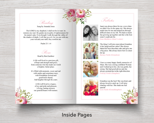 Tributes, Reading and Poem in 8 Page Floral Burst Funeral Program Template